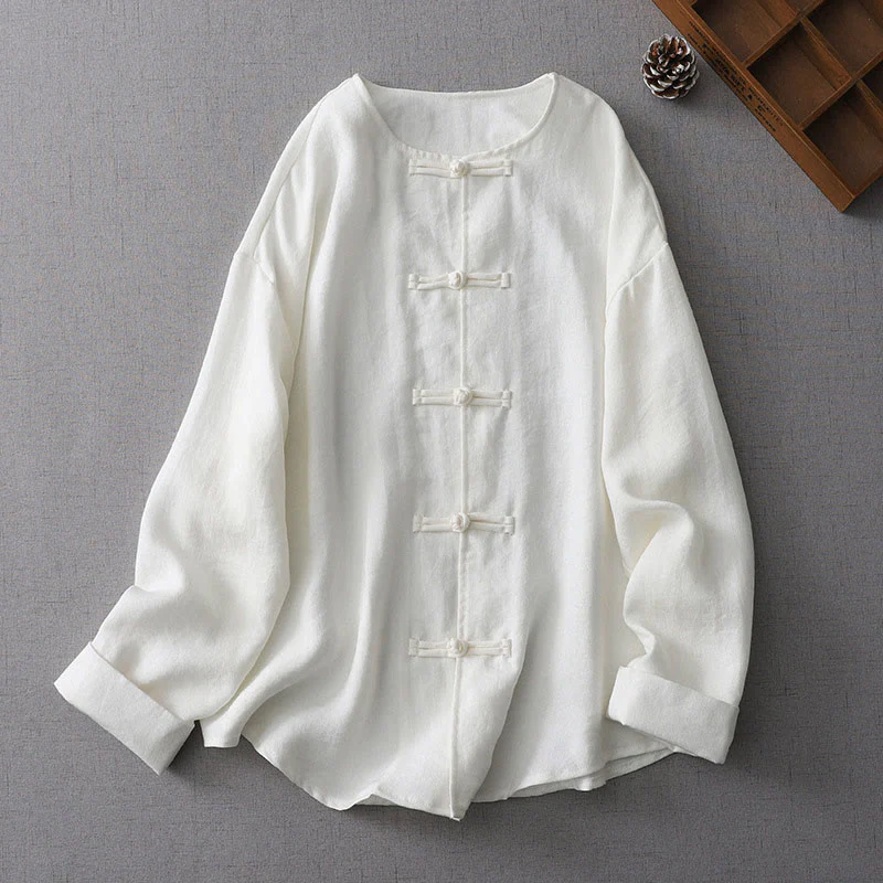 Mocoer Solid Color Button Long Sleeve Cotton Linen Women's Shirt - Mocoer