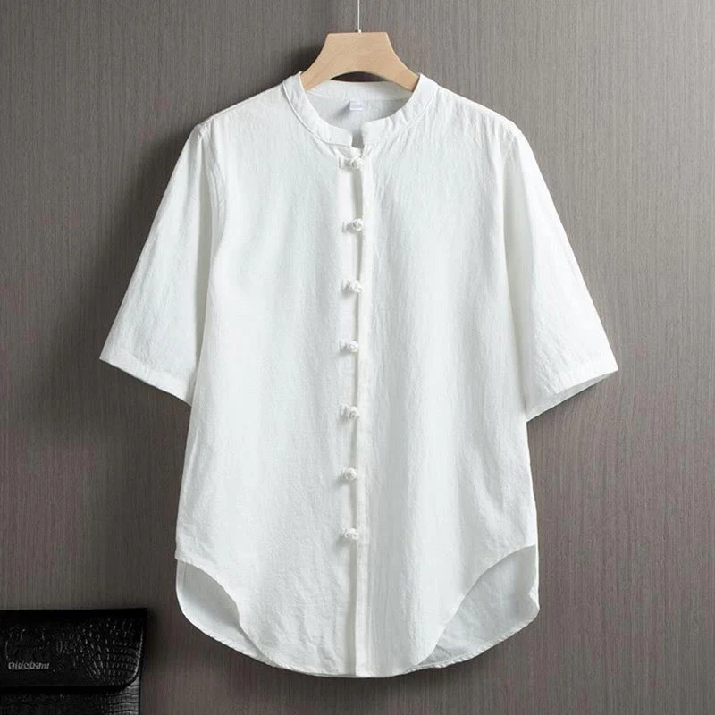 Mocoer Frog-Button Plain Chinese Tang Suit Short Sleeve Shirt Cotton Linen Men Clothing - Mocoer