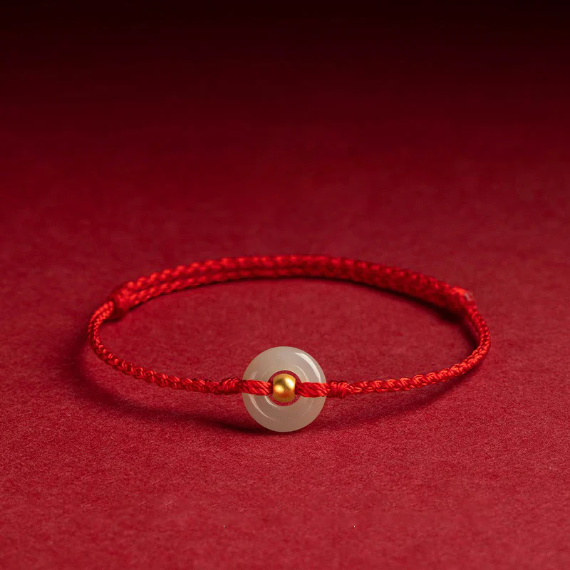 Mocoer 999 Gold Bead Round Peace Buckle Hetian Jade Luck Abundance Braided Bracelet Anklet - Mocoer
