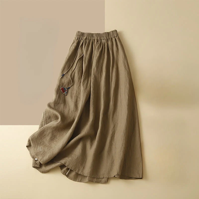 Mocoer Solid Embroidery Flower Pendant Elastic Waist Ramie Linen Women's Skirt With Pockets - Mocoer