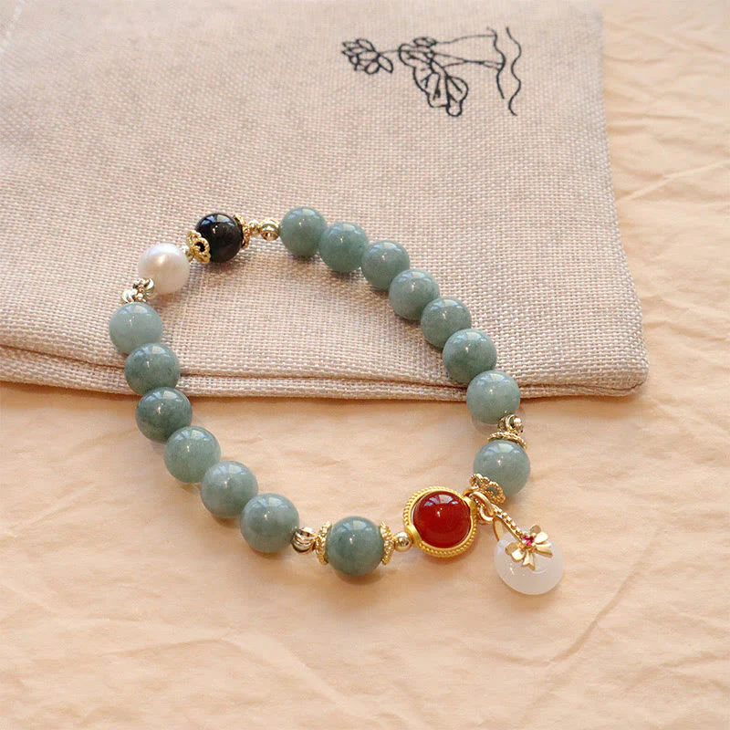 Mocoer Natural Jade Red Agate Pearl Bow Tie Luck Bracelet - Mocoer