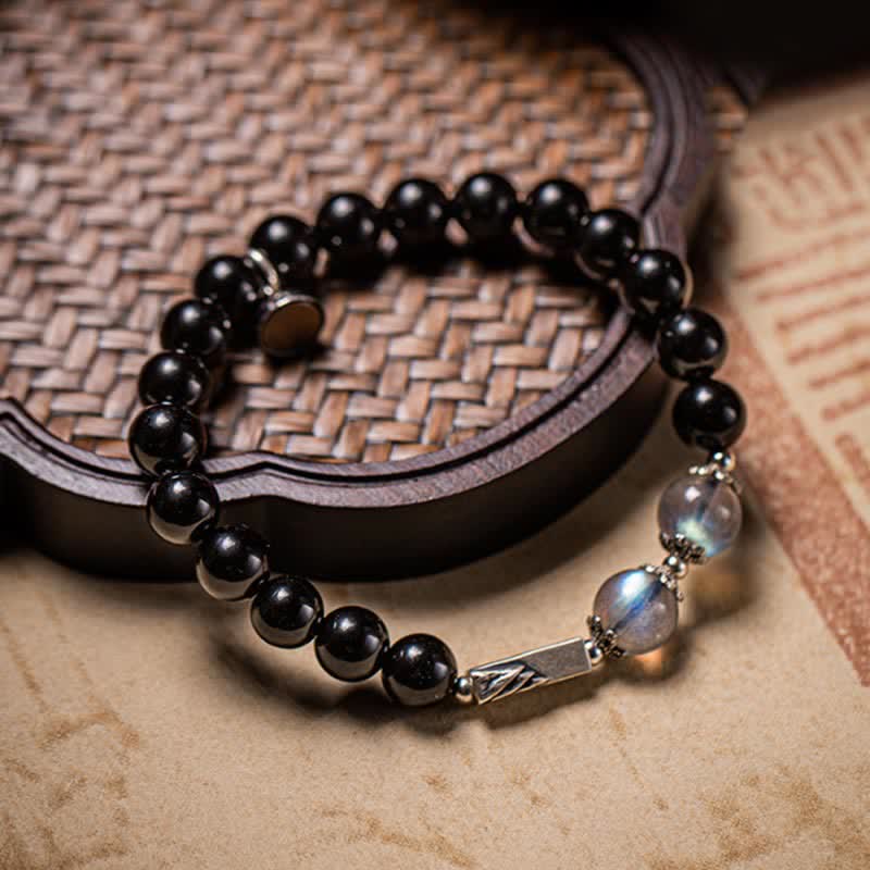 Mocoer 925 Sterling Silver Obsidian Moonstone Strength Couple Bracelet - Mocoer