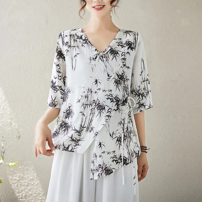 Mocoer Ink Bamboo Leaves Print V-Neck Lace-up Frog-Button Shirt T-shirt Tee - Mocoer