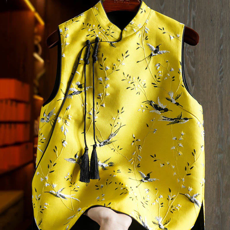 Mocoer Vintage Embroidery Crane Plants Pattern Knot Button Vest - Mocoer