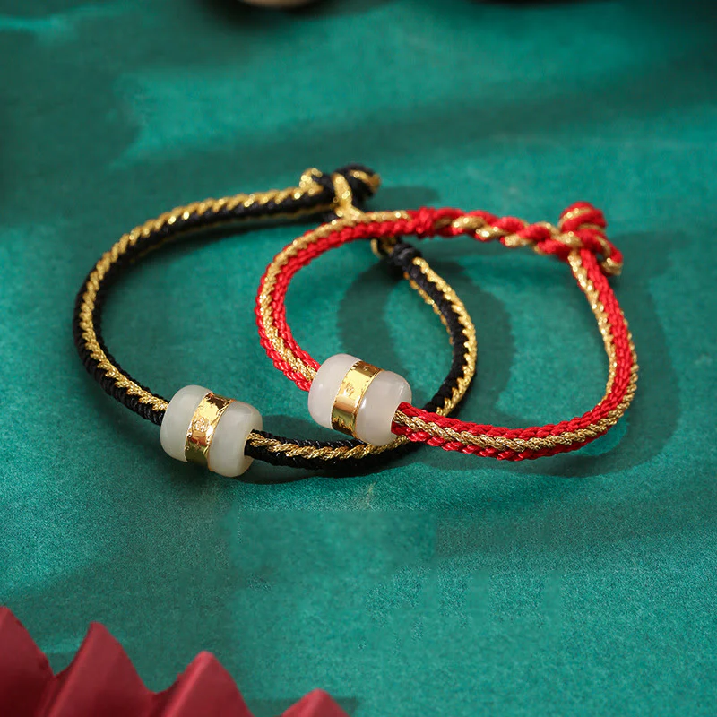 Mocoer 999 Gold Hetian White Jade Om Mani Padme Hum Fu Character Luck Braided Bracelet - Mocoer