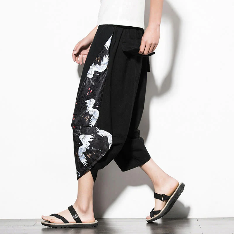 Mocoer White Crane Print Cotton Men's Cropped Harem Pants With Pockets - Mocoer