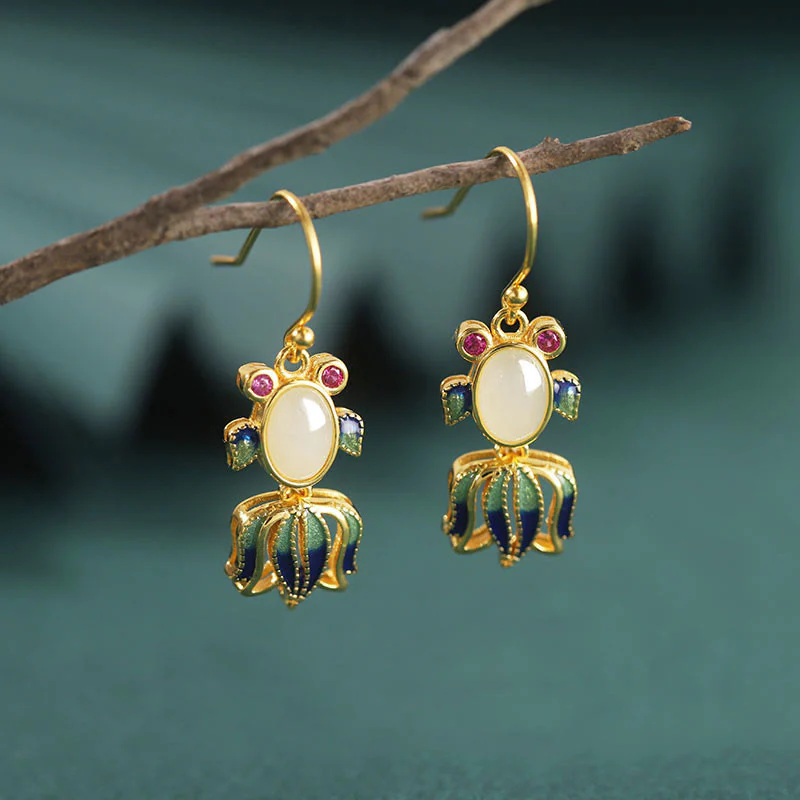 Mocoer 925 Sterling Silver Hetian White Jade Red Agate Cute Fish Happiness Drop Earrings - Mocoer