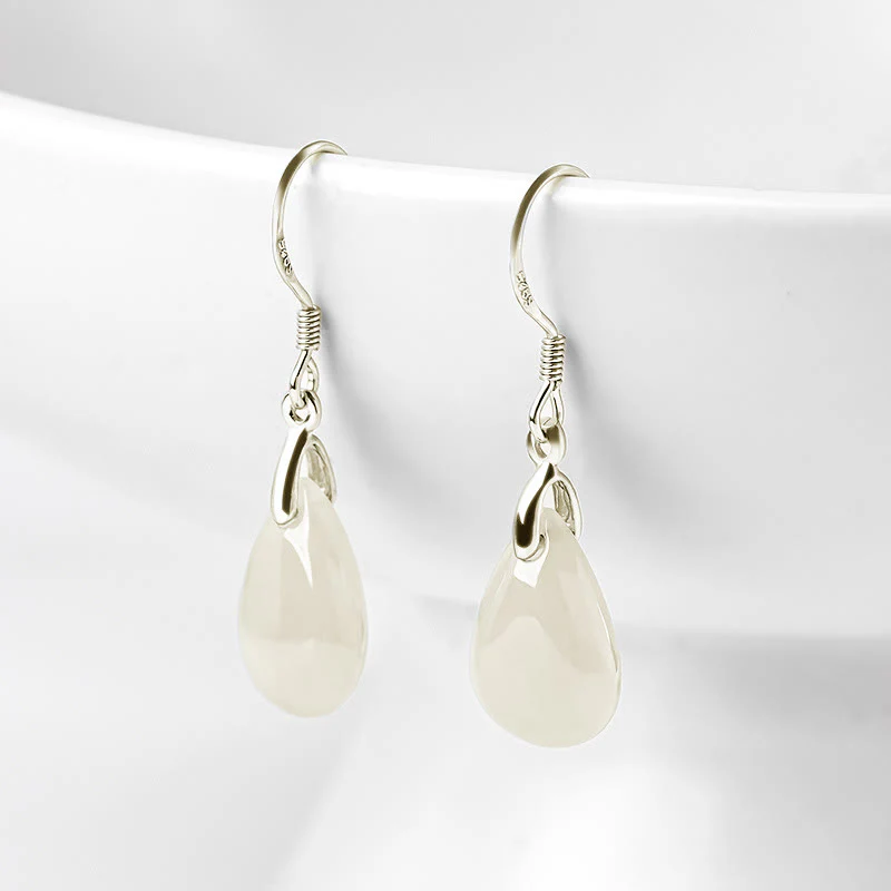 Mocoer 925 Sterling Silver Jade Water Drop Pattern Luck Prosperity Dangle Earrings - Mocoer