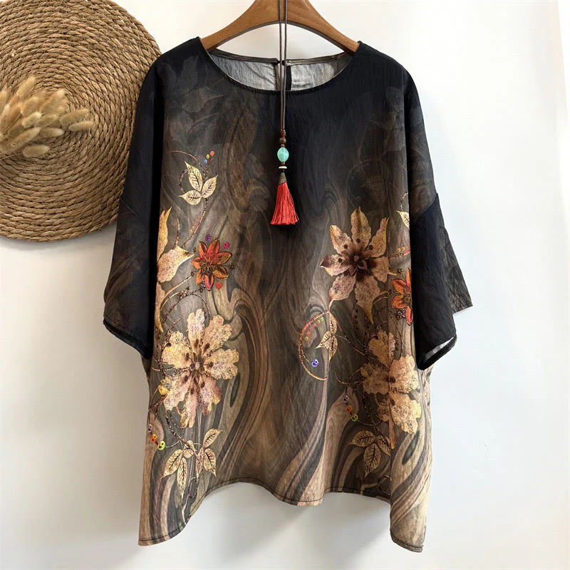 Mocoer Casual Loose Printed Flowers Leaves Women's Crew Neck Design Half Sleeve Polyester T-shirt - Mocoer