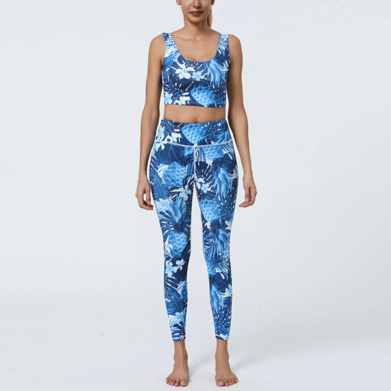 Mocoer 2Pcs Pineapple Grass Leaves Print Sports Fitness Crop Tank Bra High Waist Leggings Yoga Pants - Mocoer