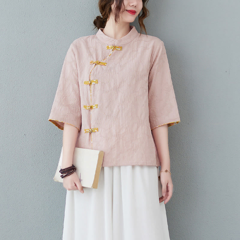 Mocoer Floral Pattern Frog-Button Half Sleeve Cotton Linen Shirt - Mocoer