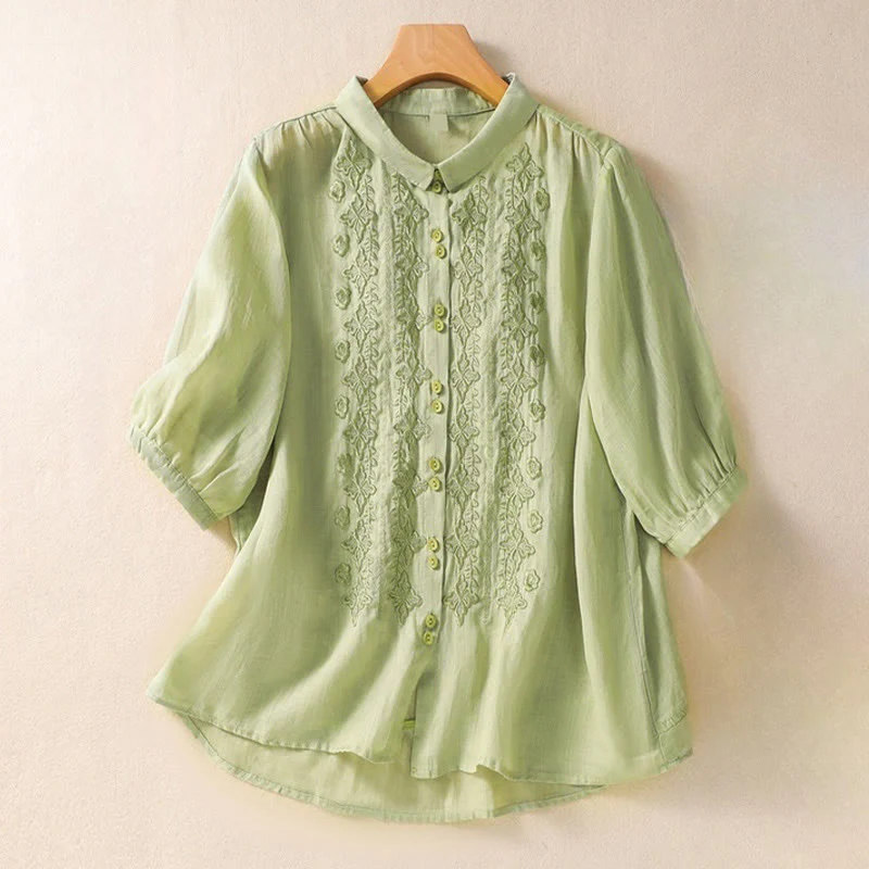 Mocoer Summer Plain Button Embroidery Flower Pattern Three Quarter Sleeve Lapel Cotton Linen Women's Shirt - Mocoer