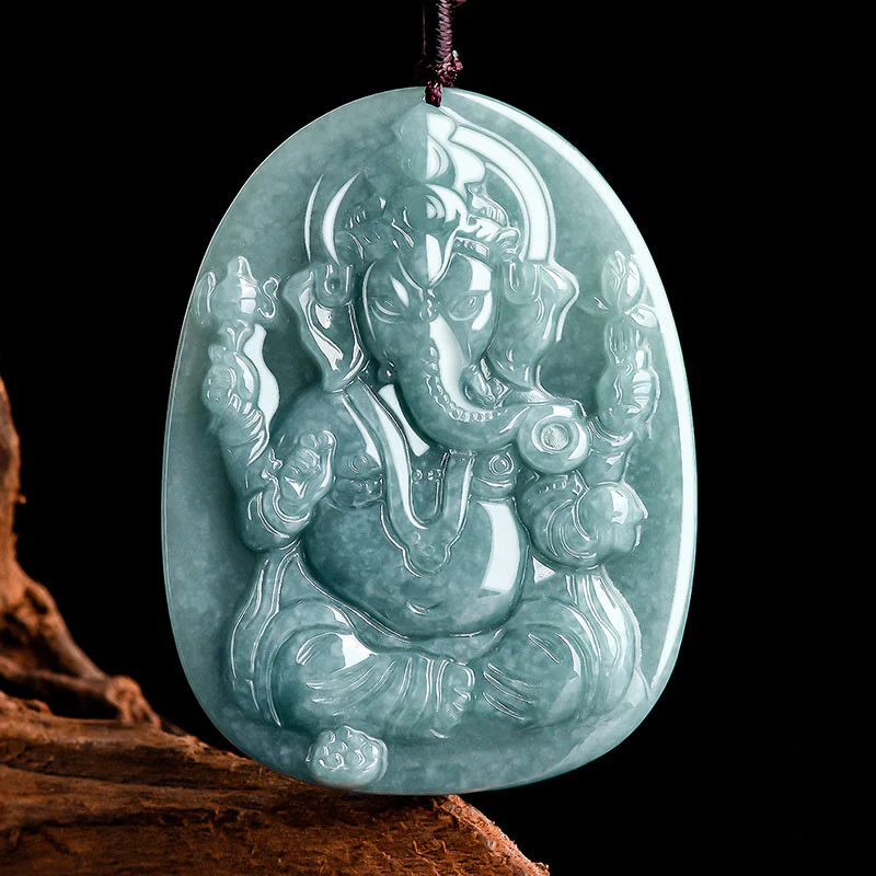 Mocoer Natural Jade Ganesh Ganpati Elephant Protection Amulet Necklace Pendant - Mocoer