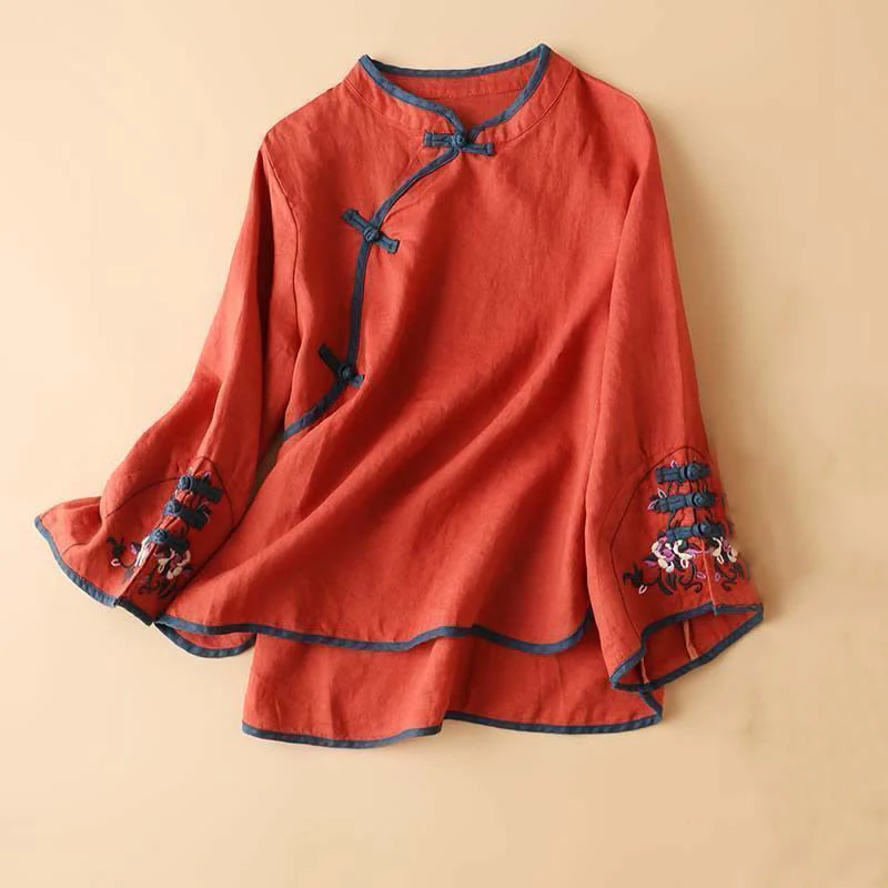 Mocoer Retro Flower Embroidery Design Long Sleeve Cotton Linen Women's Shirt - Mocoer