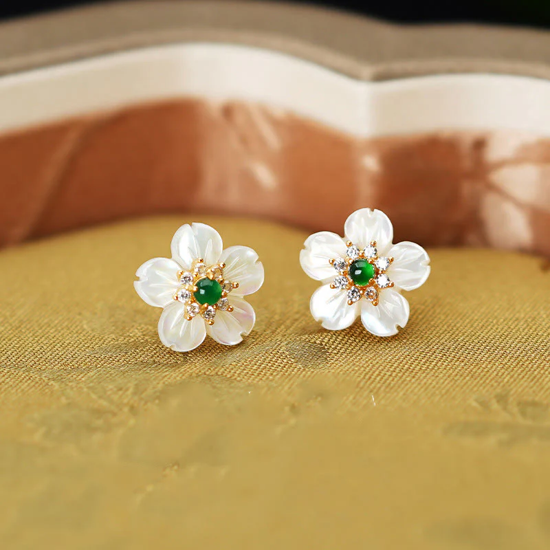 Mocoer 925 Sterling Silver Tridacna Stone Jade Flower Blessing Earrings - Mocoer