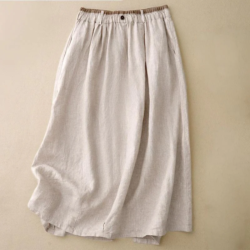 Mocoer Vintage Casual Plain Side Slit Elastic Waist Cotton Linen Women's Skirt With Pockets - Mocoer