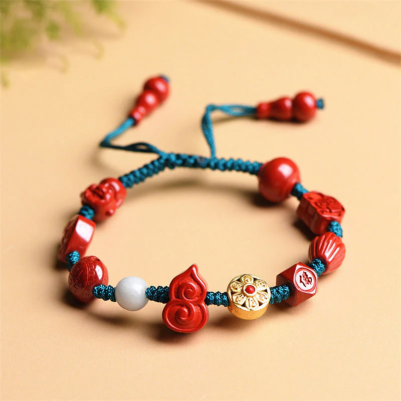 Mocoer Natural Cinnabar Gourd Om Mani Padme Hum Laughing Buddha Blessing String Bracelet - Mocoer