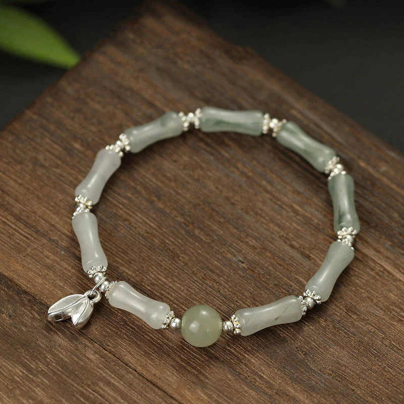 Mocoer 925 Sterling Silver Natural Tianshan Jade Bamboo Charm Luck Bracelet - Mocoer