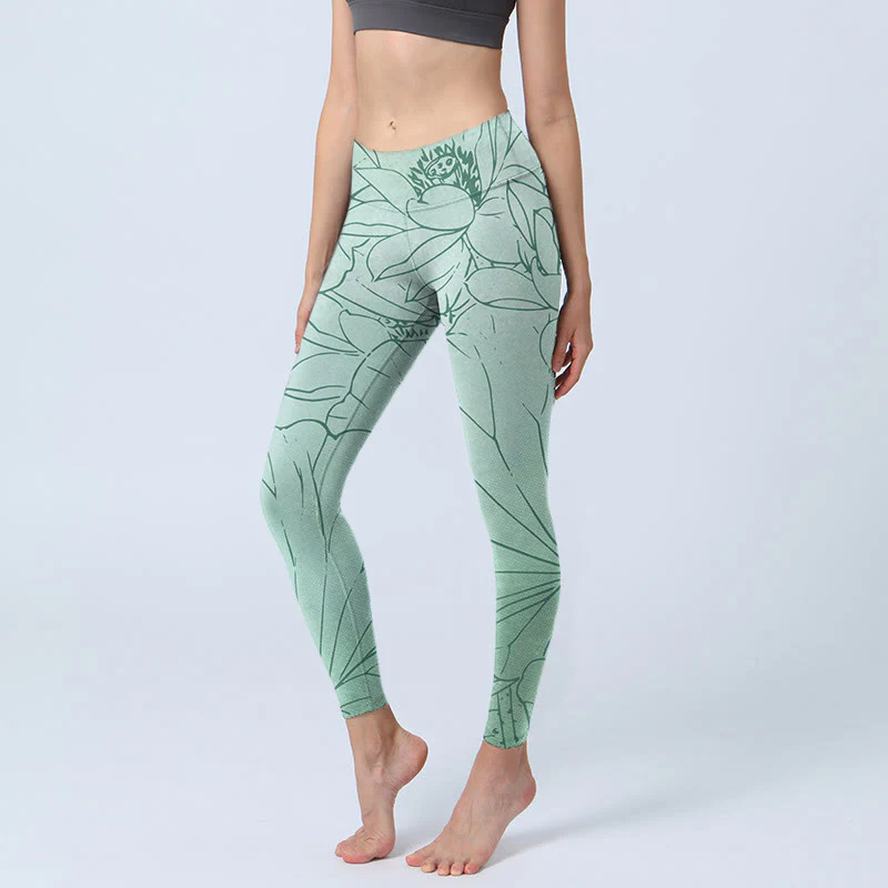Mocoer Green Lotus Flower Print Sports Leggings Women's Yoga Pants - Mocoer