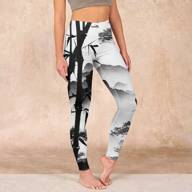 Mocoer Ink Painting Bamboo Pine Mountain Scenery Print Gym Leggings Women's Yoga Pants - Mocoer