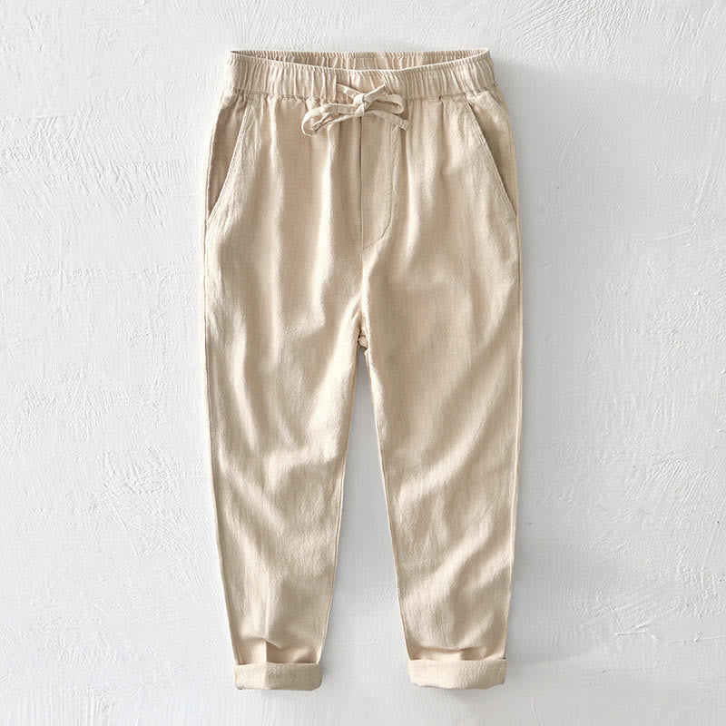 Mocoer Casual Solid Color Simple Design Drawstring Ramie Linen Men's Pants With Pockets - Mocoer
