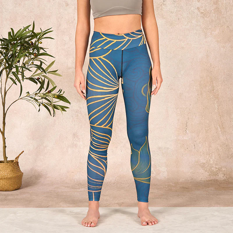 Mocoer Gray Golden Koi Fish Lotus Print Gym Leggings Women's Yoga Pants - Mocoer