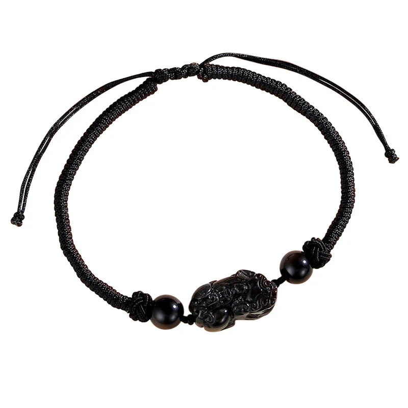 Mocoer Handmade Natural Silver Sheen Obsidian Strawberry Quartz PiXiu Protection Braided Bracelet - Mocoer