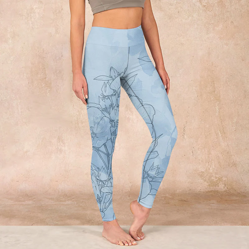 Mocoer Blue Flower Sketch Print Sports Leggings Women's Yoga Pants - Mocoer