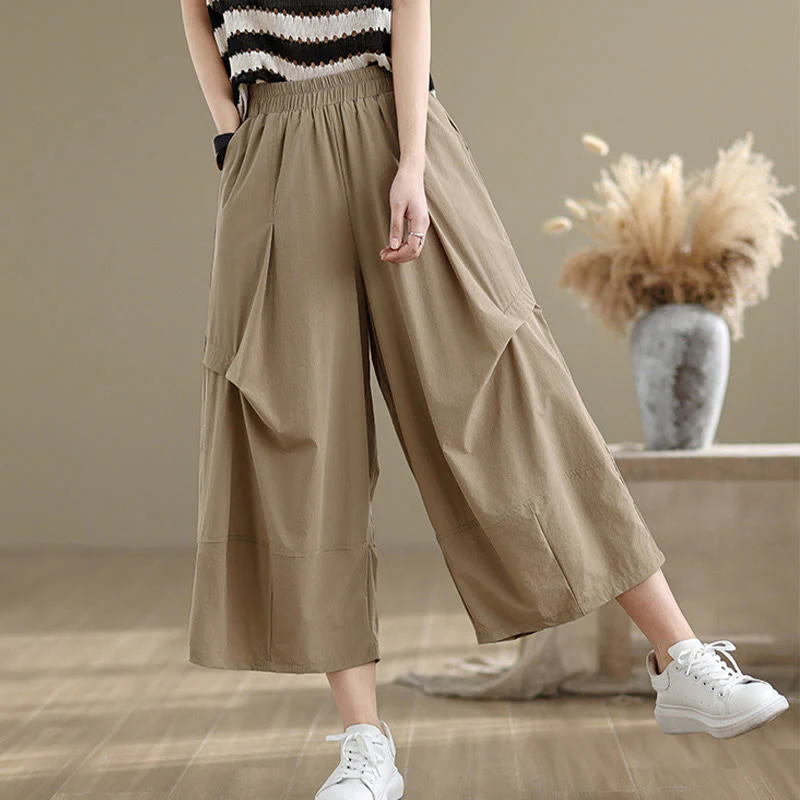 Mocoer Summer Irregular Pleating Design Cotton Women's Wide Leg Pants With Pockets - Mocoer
