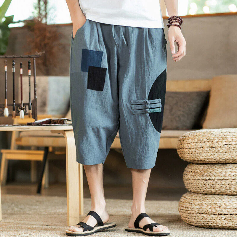 Mocoer Casual Color Block Design 7-8 Length Men's Cotton Linen Drawstring Pants With Pockets - Mocoer