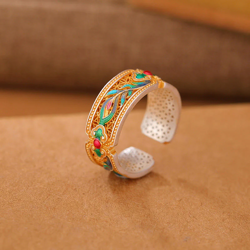 Mocoer 999 Sterling Silver Enamel Feather Design Adjustable Calm Ring - Mocoer