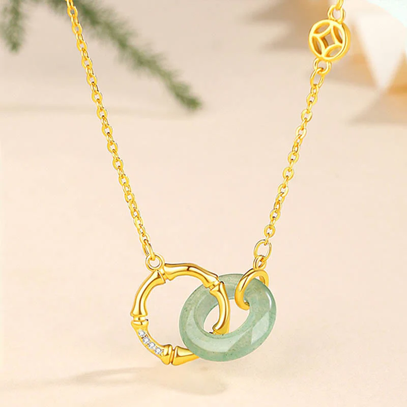 Mocoer 925 Sterling Silver Natural Green Aventurine Peace Buckle Bamboo Coin Prosperity Necklace Pendant - Mocoer