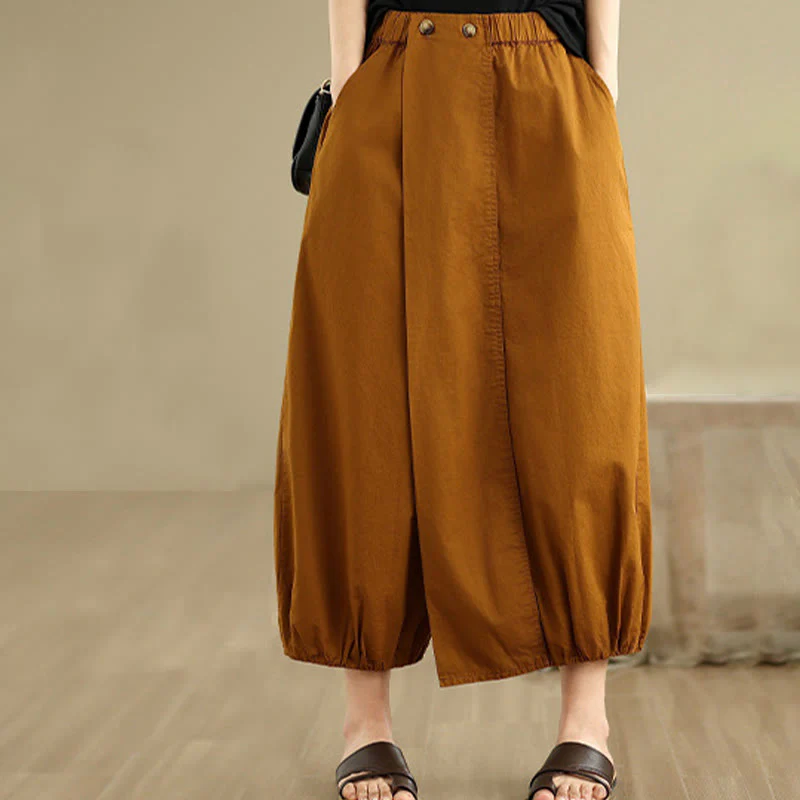 Mocoer Casual Pleated Elastic Waisted Cotton Linen Women's Cropped Pants With Pockets - Mocoer