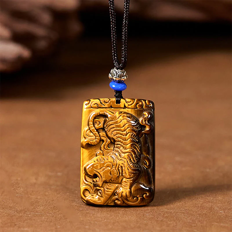 Mocoer Natural Tiger Eye Square Tiger Pattern Protection Rope Necklace Pendant - Mocoer