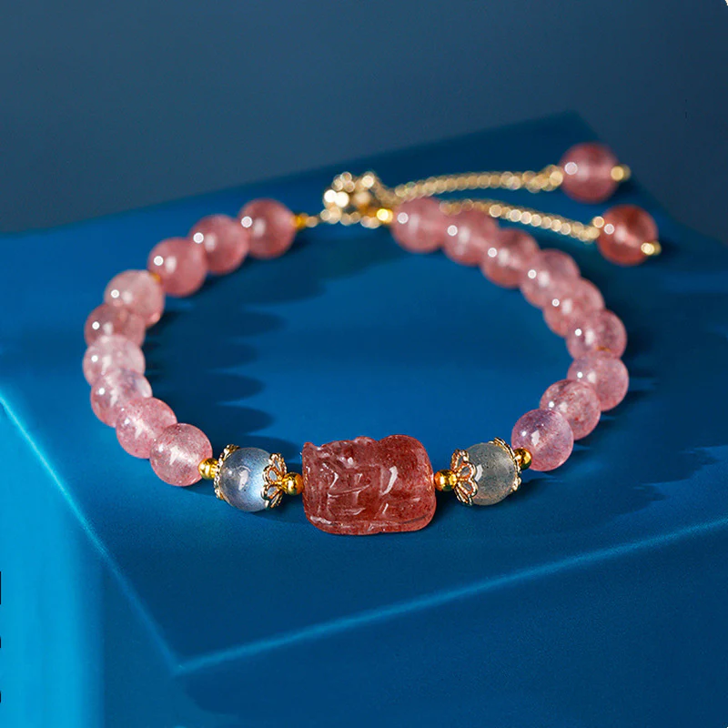 Mocoer Aquamarine Strawberry Quartz Amethyst Moonstone PiXiu Healing Bracelet - Mocoer