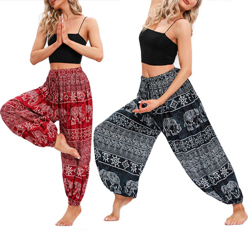 Mocoer Elephant Geometry Pattern Casual Loose Harem Trousers Women's Yoga Pants - Mocoer