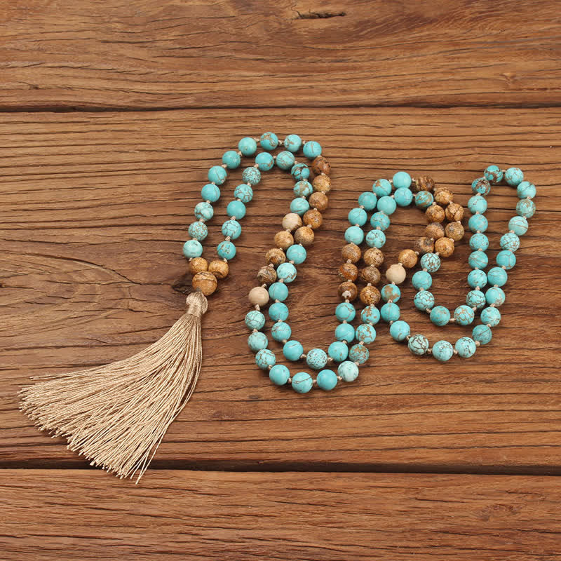 Mocoer 108 Mala Beads Turquoise Picture Jasper Wisdom Tassel Bracelet - Mocoer