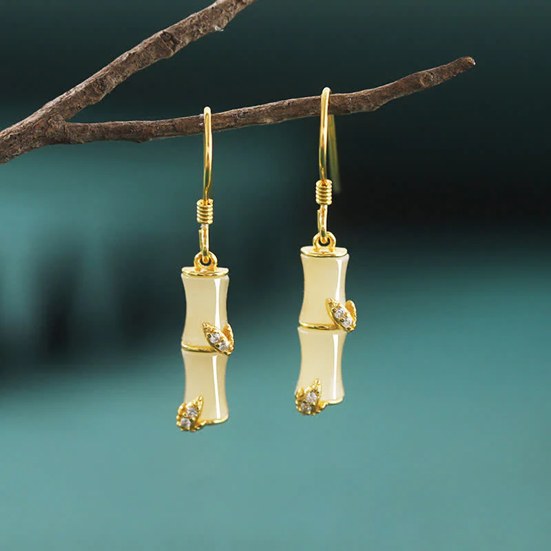 Mocoer 925 Sterling Silver Hetian Jade Chrysoberyl Cat Eye Red Agate Bamboo Luck Drop Earrings - Mocoer