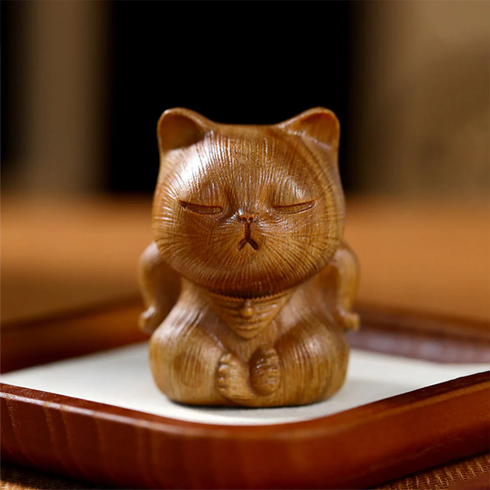 Mocoer Small Mini Green Sandalwood Lucky Cat Carved Soothing Decorations - Mocoer