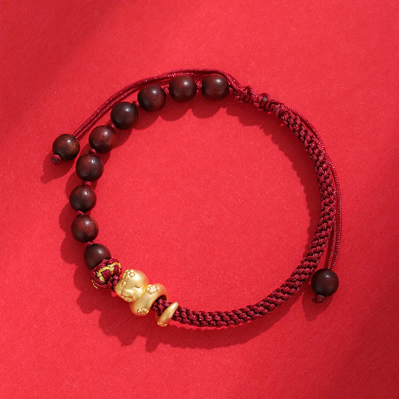 Mocoer Small Leaf Red Sandalwood Ebony Wood Beads 999 Year Of The Snake Cotton Rope Protection Braided Bracelet - Mocoer