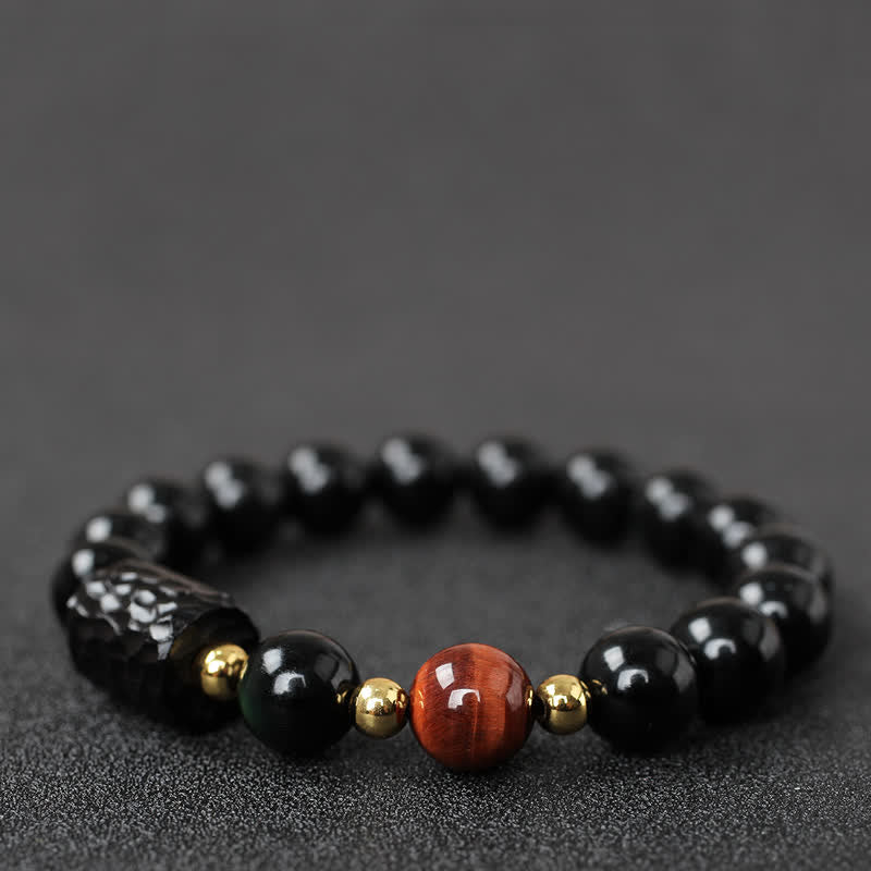 Mocoer Black Obsidian Ebony Wood Red Tiger Eye Strength Couple Bracelet - Mocoer