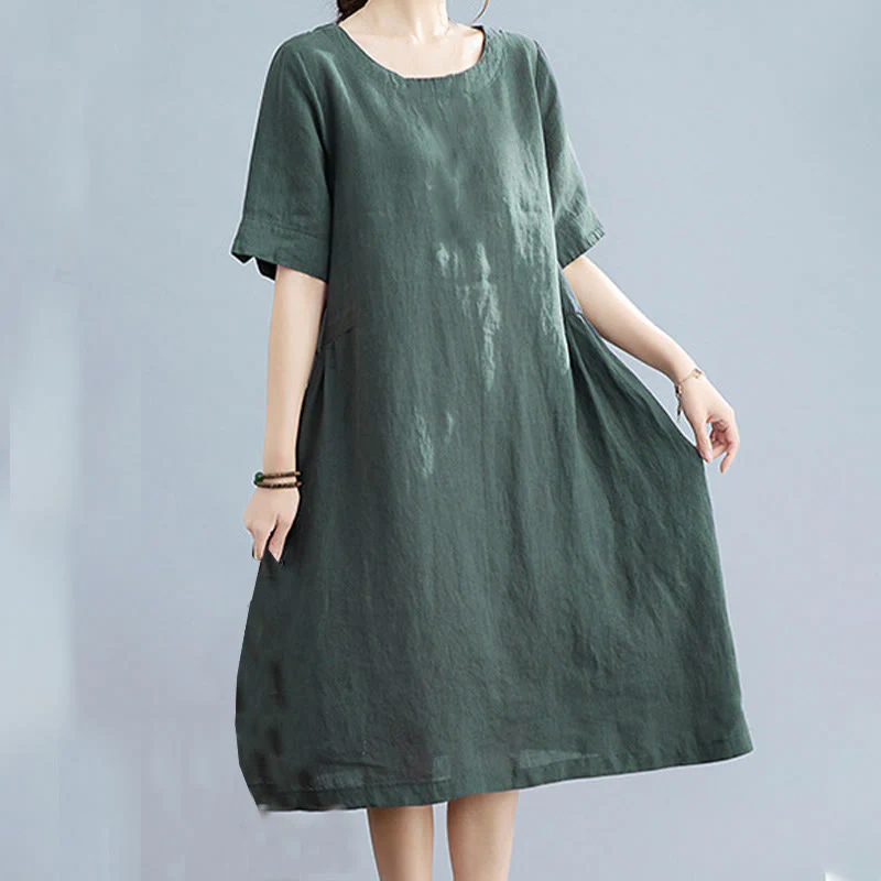 Mocoer Casual Loose Solid Color Cotton Linen Crew Neck Half Sleeve Design Midi Dress With Pockets - Mocoer