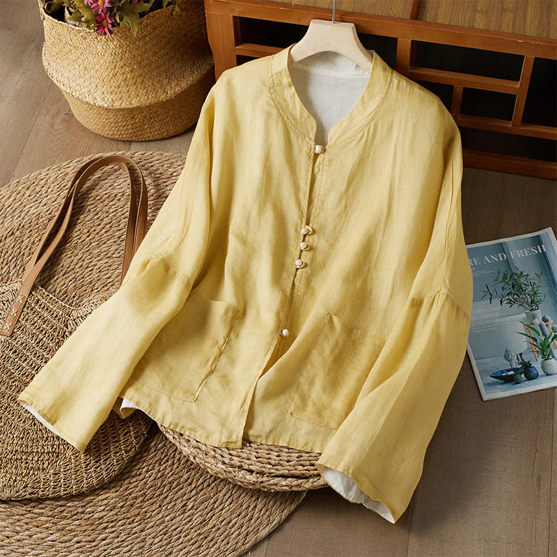 Mocoer V Neck Casual Solid Color Long Sleeve Shirt Cotton Linen Women's Shirts - Mocoer
