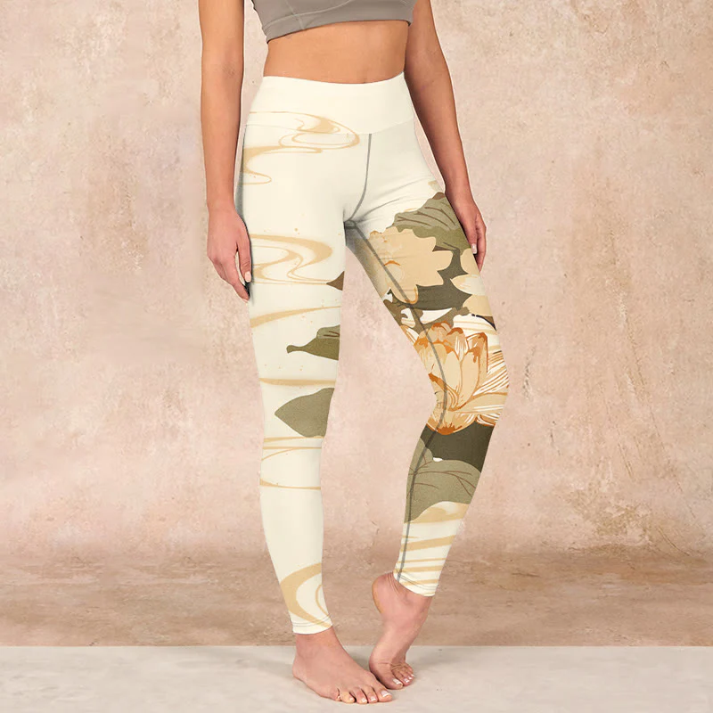 Mocoer Beige Lotus Flower Print Gym Fitness Leggings Women's Yoga Pants - Mocoer