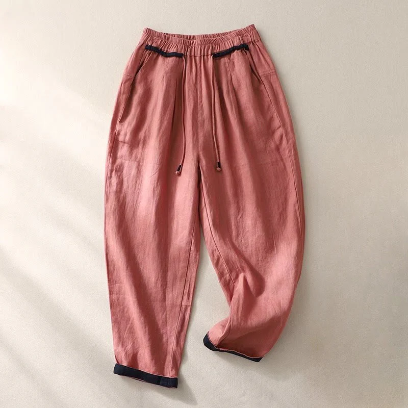 Mocoer Versatile Contrasting Color Design Drawstring 9 Length Women's Harem Pants With Pockets - Mocoer
