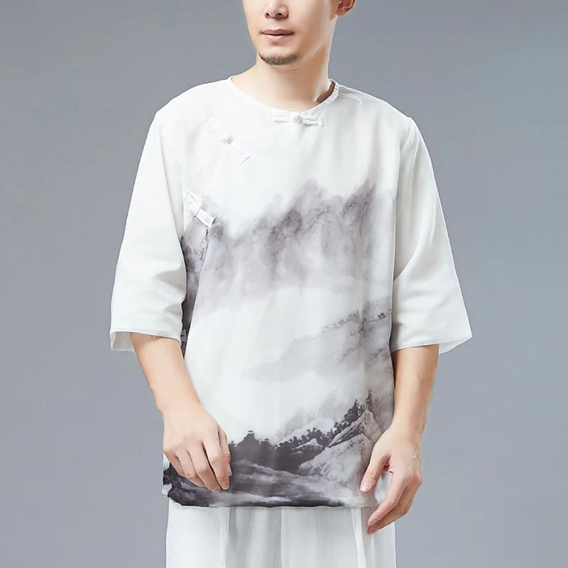 Mocoer Men's Frog-Button Mountain Landscape Ink Painting Half Sleeve Shirt - Mocoer