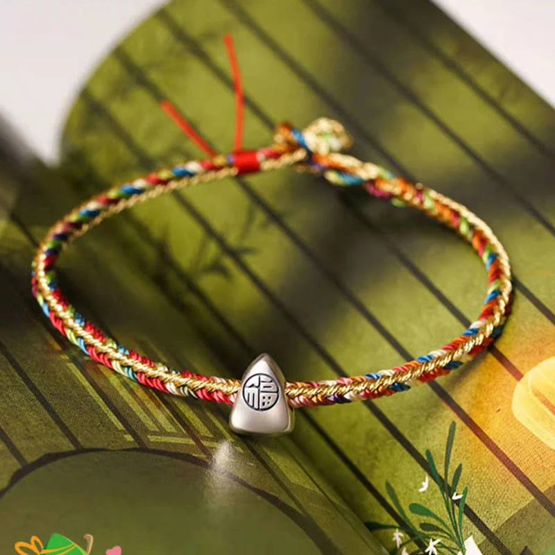 Mocoer 925 Sterling Silver Fu Character Zongzi Pattern Multicolored String Luck Handmade Braided Bracelet - Mocoer