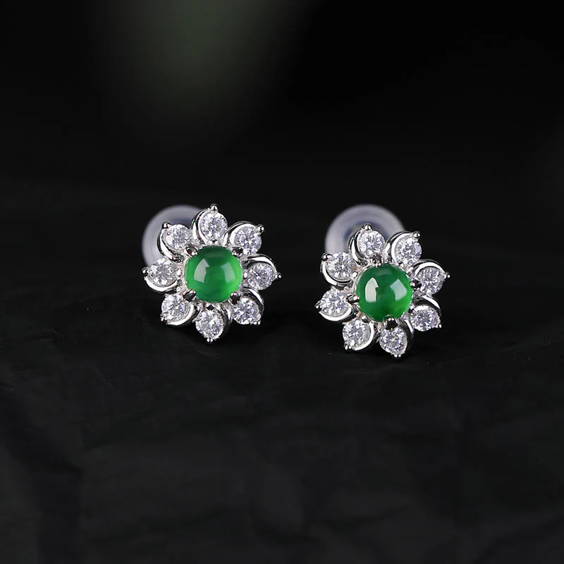 Mocoer 925 Sterling Silver Round Jade Flower Prosperity Earrings - Mocoer