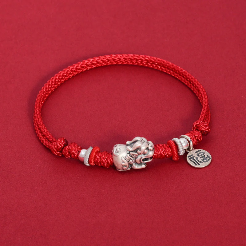 Mocoer 925 Sterling Silver PiXiu Fu Character Wealth Luck Handmade Braided Bracelet - Mocoer