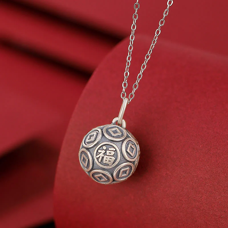 Mocoer 990 Sterling Silver Fu Character Copper Coin Luck Fortune Chain Necklace Pendant - Mocoer